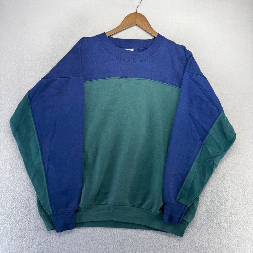 Vintage Blank Sweatshirt Mens XL Blue Green Colorblock Pullover Cotton Crew 90s